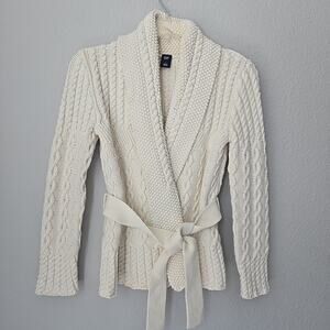 Y2K Gap Cable Knit Belted Cardigan Sweater Sz L Shawl Collar Ivory Preppy Chunky